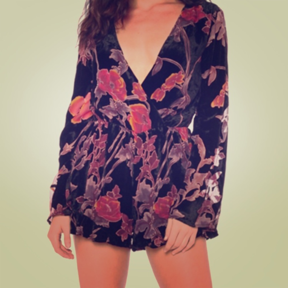 Honey belle black velvet floral romper